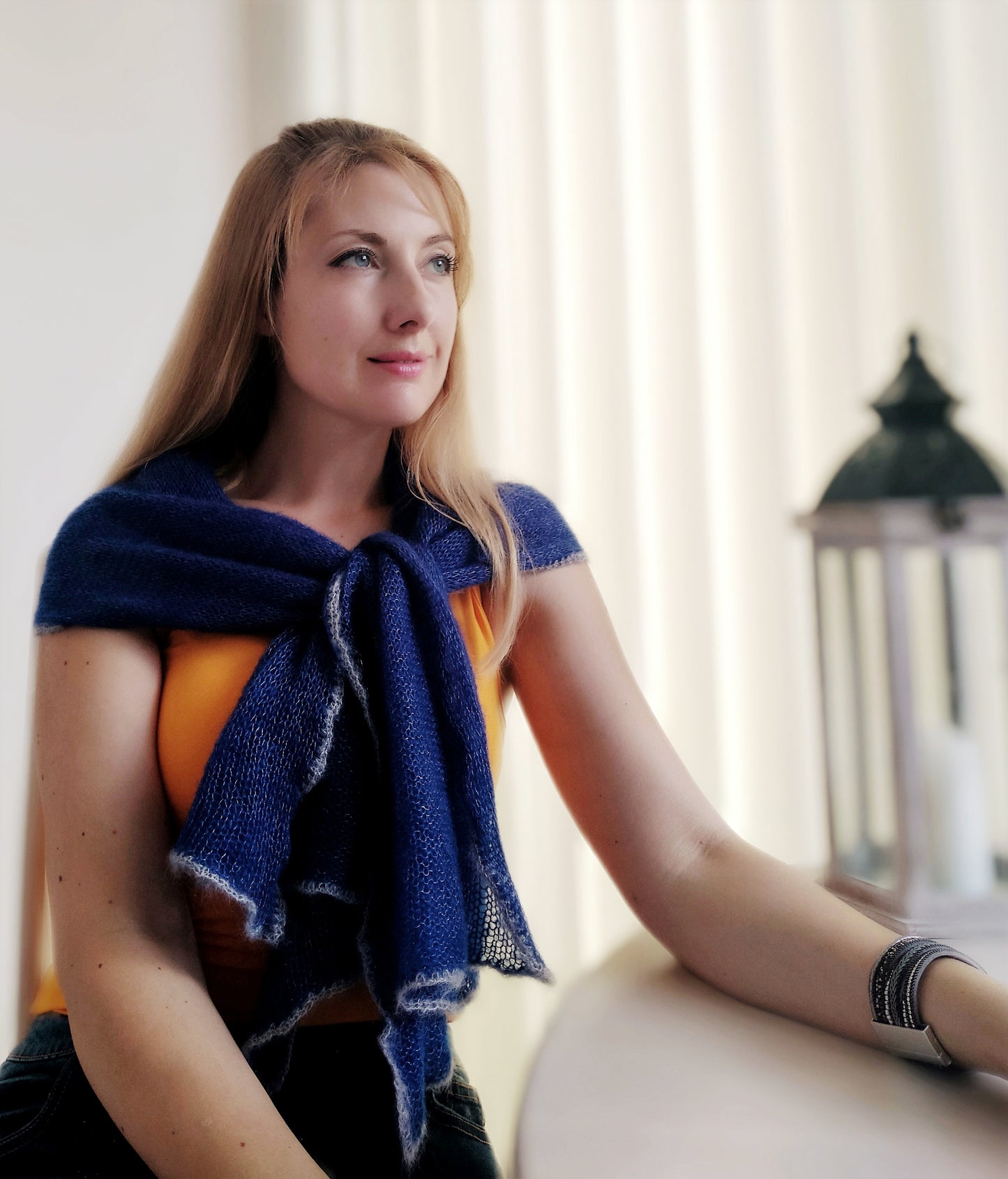 Blue Mohair Short Shawl: Lightweight, Non-Itchy, Gray Edge