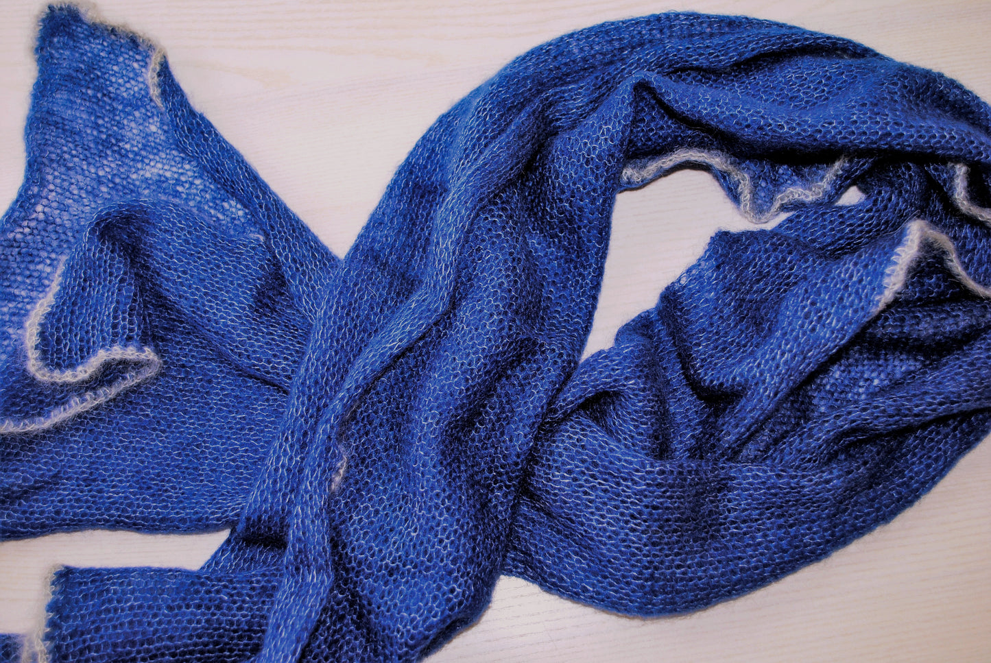 Blue Mohair Short Shawl: Lightweight, Non-Itchy, Gray Edge