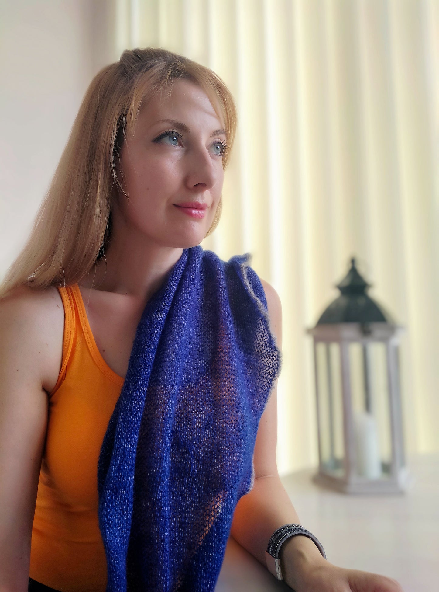 Blue Mohair Short Shawl: Lightweight, Non-Itchy, Gray Edge