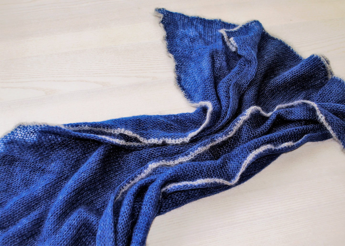 Blue Mohair Short Shawl: Lightweight, Non-Itchy, Gray Edge