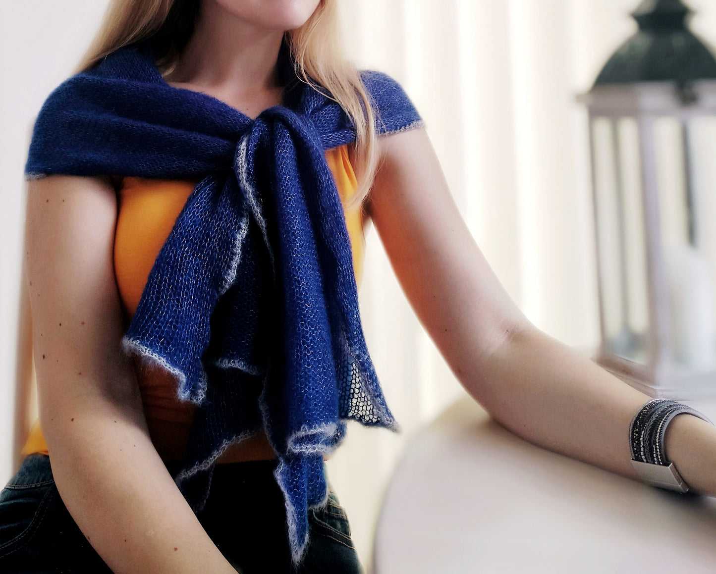 Blue Mohair Short Shawl: Lightweight, Non-Itchy, Gray Edge