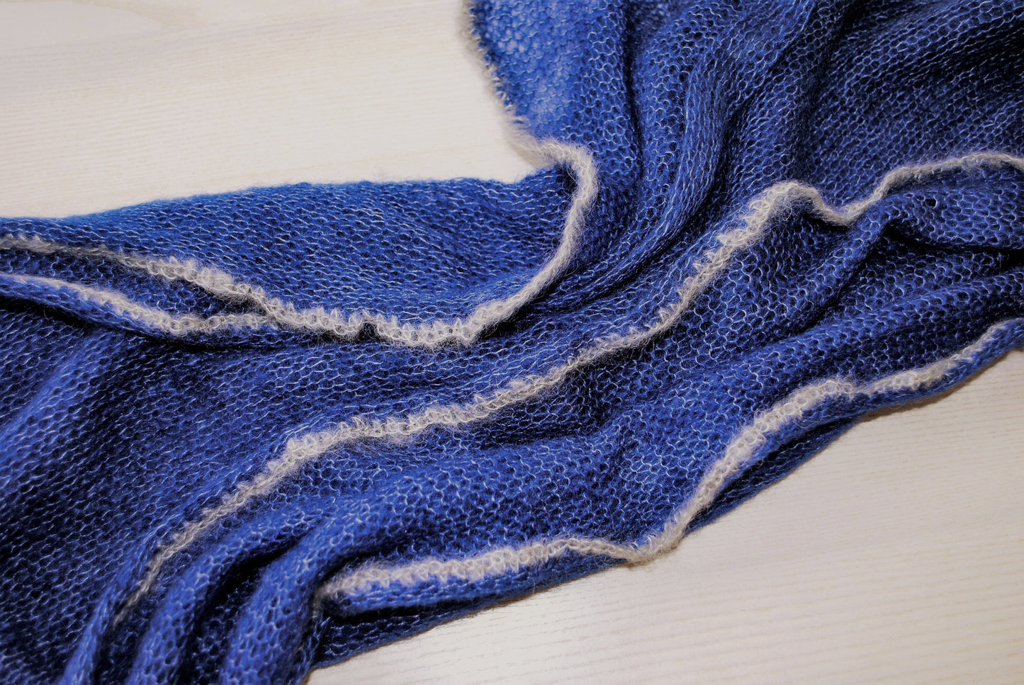 Blue Mohair Short Shawl: Lightweight, Non-Itchy, Gray Edge
