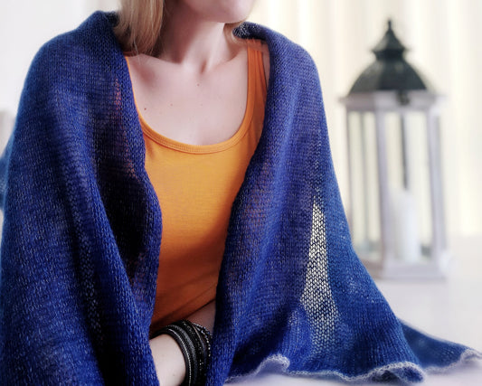 Blue Mohair Short Shawl: Lightweight, Non-Itchy, Gray Edge
