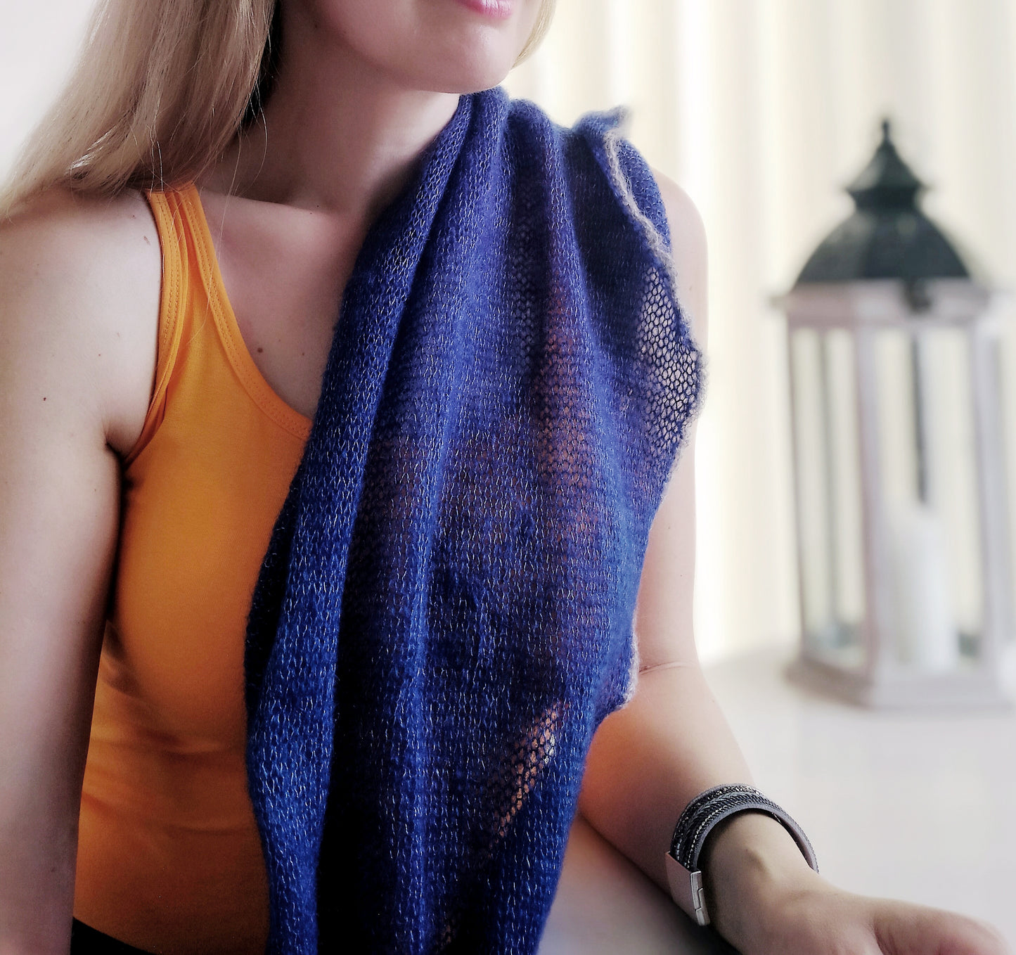 Blue Mohair Short Shawl: Lightweight, Non-Itchy, Gray Edge