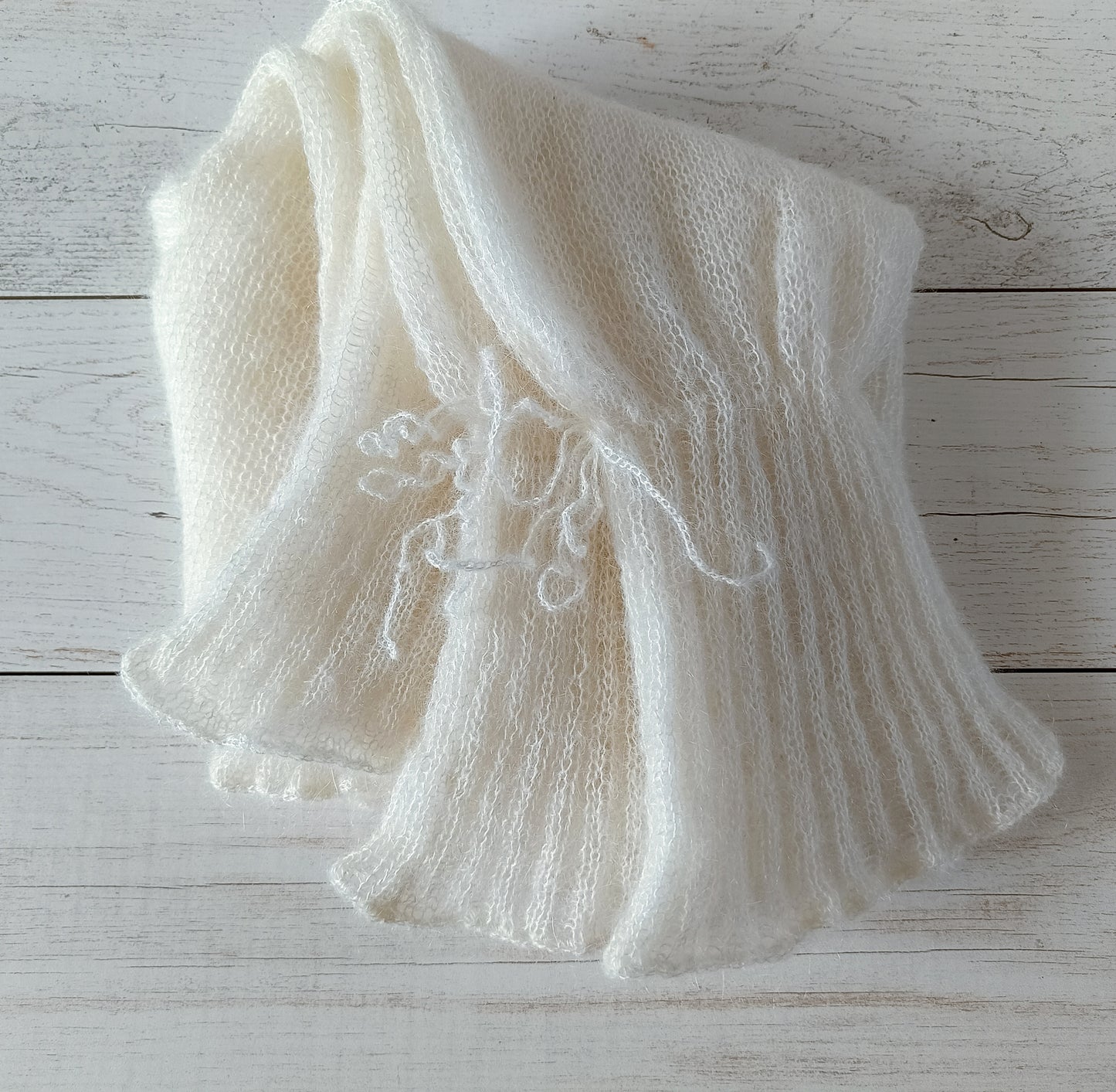 Made to order White Mohair Silk Sweater: Balloon Tie Sleeves, Ribbed Waist