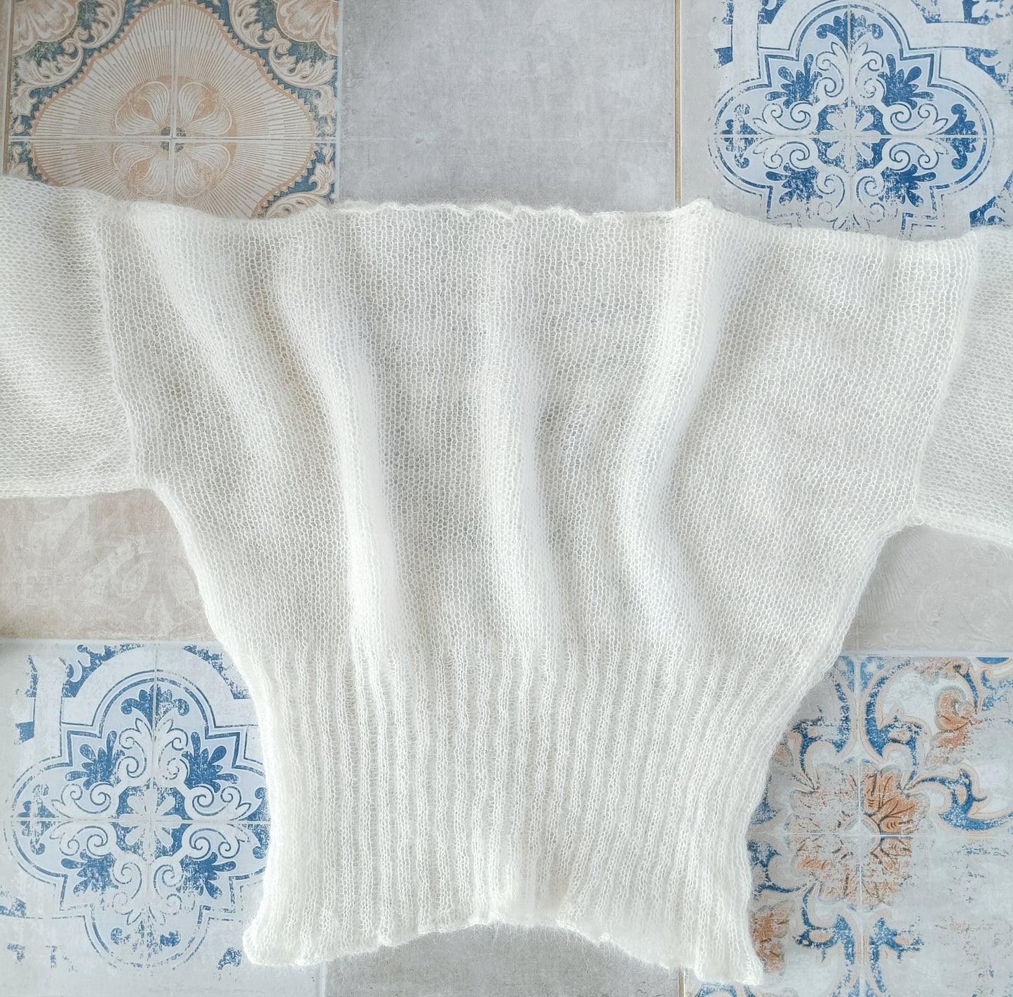 Made to order White Mohair Silk Sweater: Balloon Tie Sleeves, Ribbed Waist