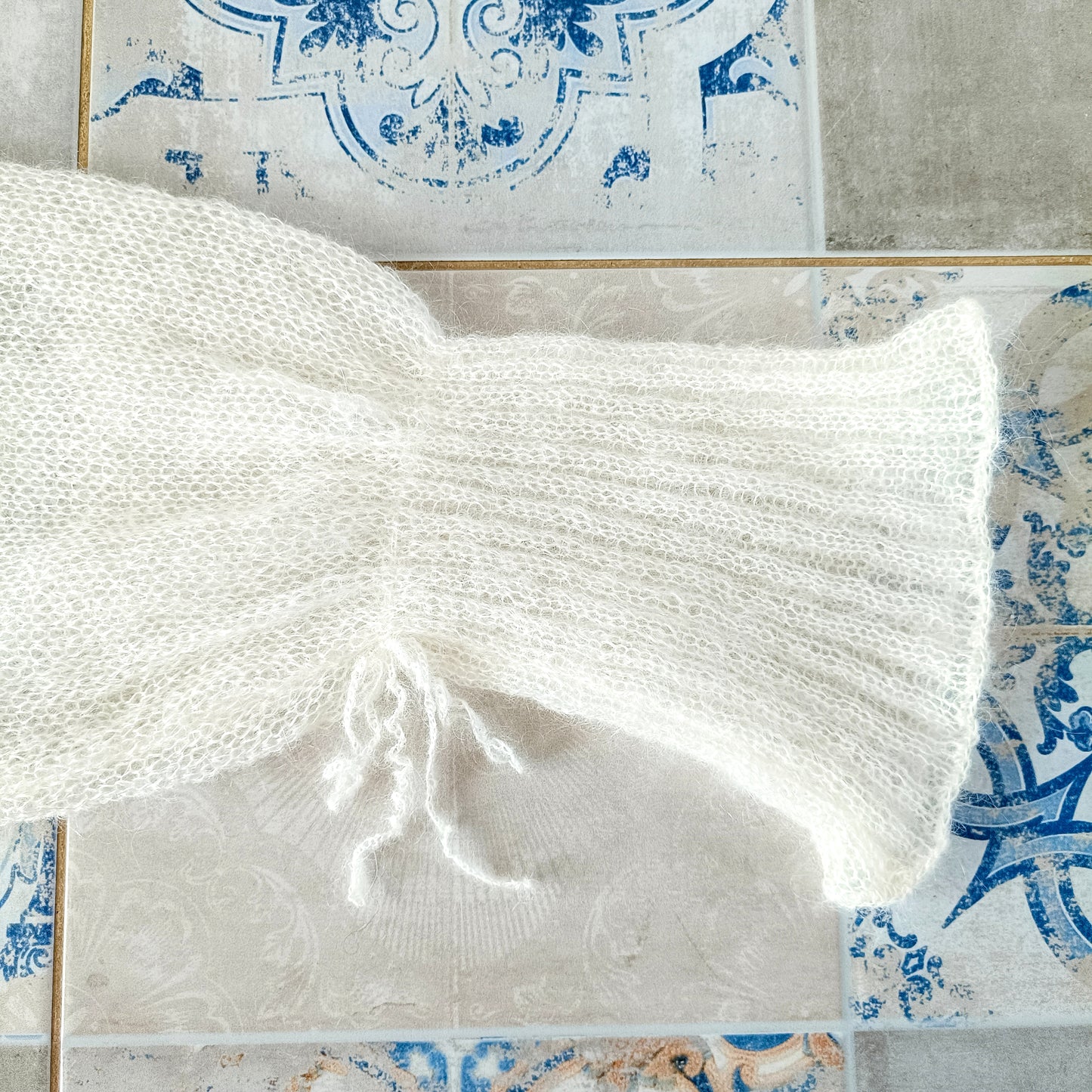 Made to order White Mohair Silk Sweater: Balloon Tie Sleeves, Ribbed Waist