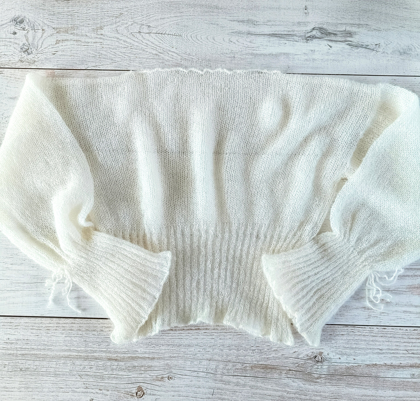 Made to order White Mohair Silk Sweater: Balloon Tie Sleeves, Ribbed Waist