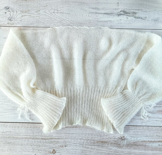 Made to order White Mohair Silk Sweater: Balloon Tie Sleeves, Ribbed Waist