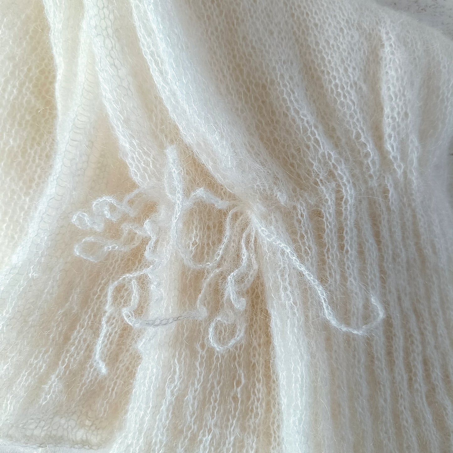 Made to order White Mohair Silk Sweater: Balloon Tie Sleeves, Ribbed Waist