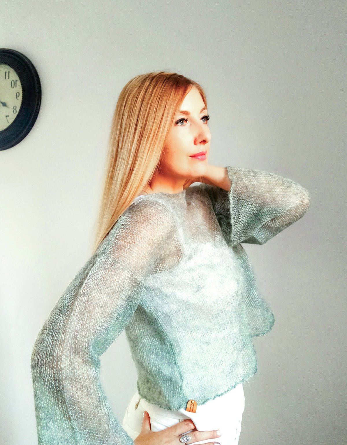 Short Mohair Silk Sweater with Bell Sleeves