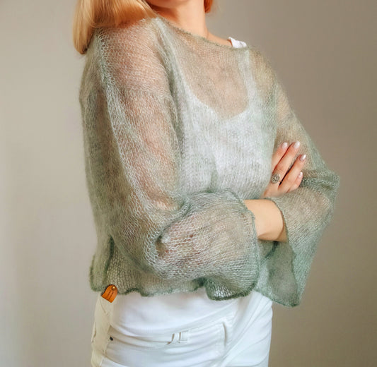 Sage Green Mohair Silk Sweater: Lightweight Bell Sleeve Top
