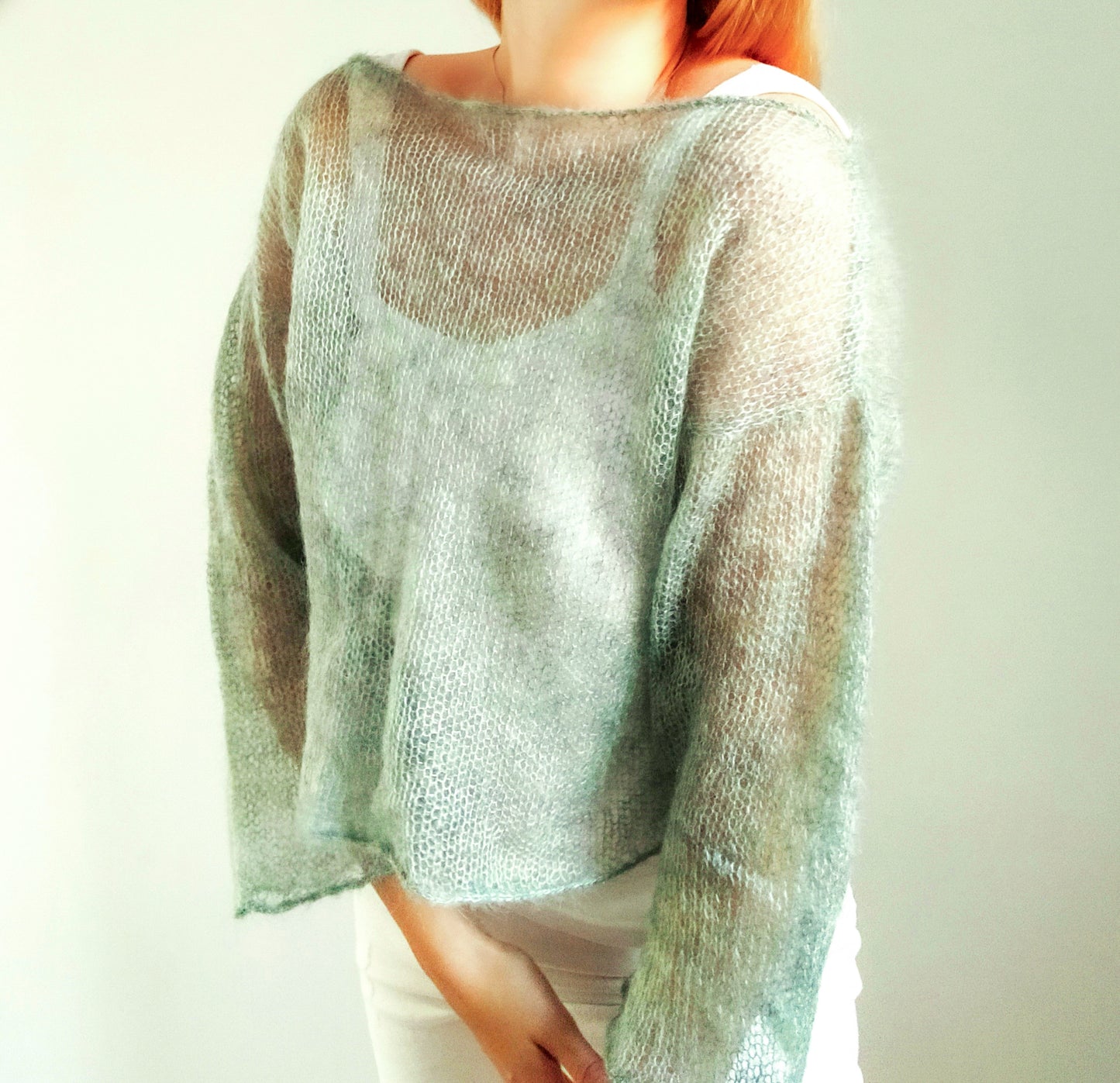Sage Green Mohair Silk Sweater: Lightweight Bell Sleeve Top
