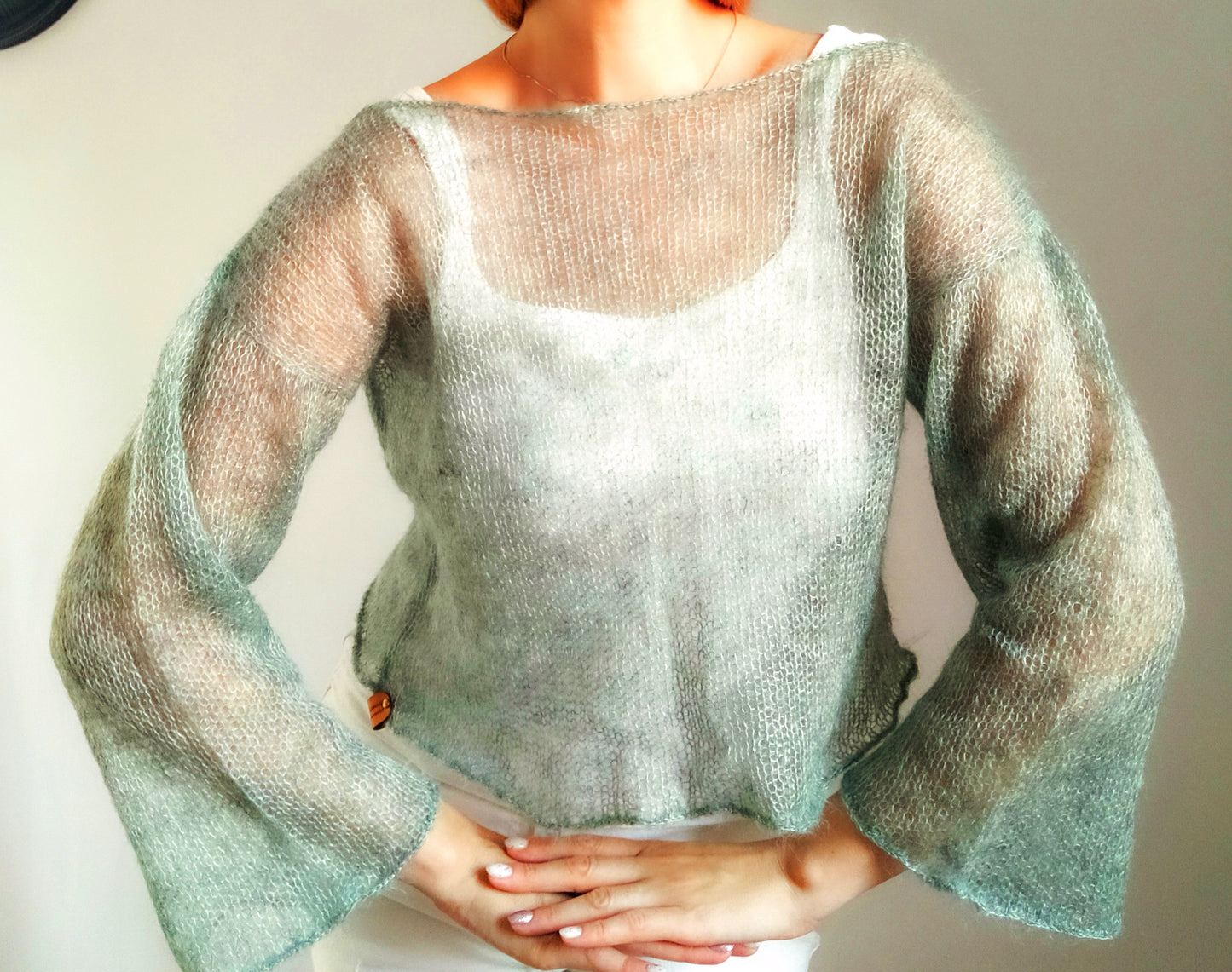 Sage Green Mohair Silk Sweater: Lightweight Bell Sleeve Top