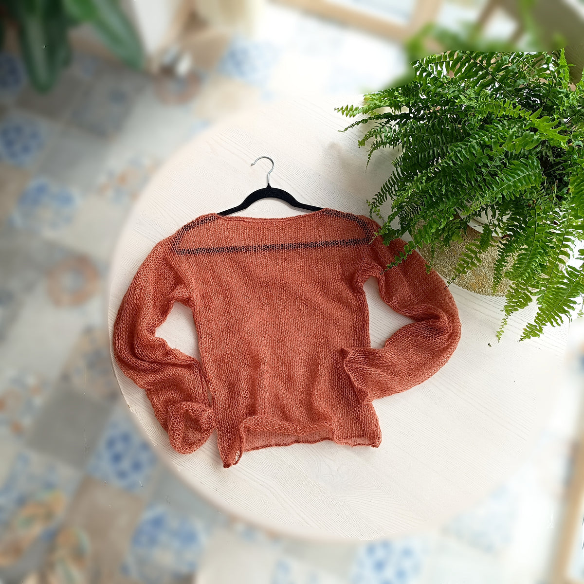 Rust brown Mohair Silk Sweater: Sheer Knit Top