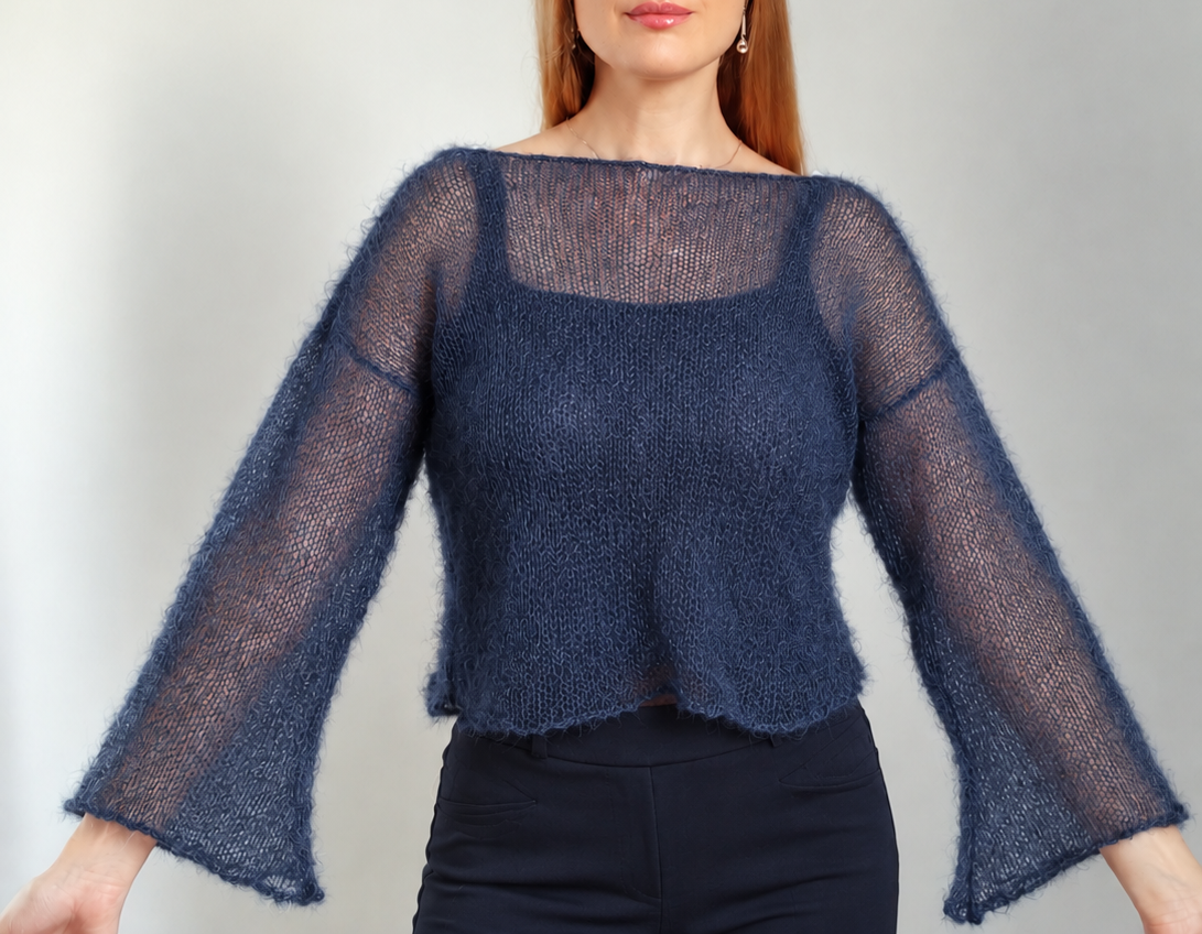 Short Mohair Silk Sweater with Bell Sleeves