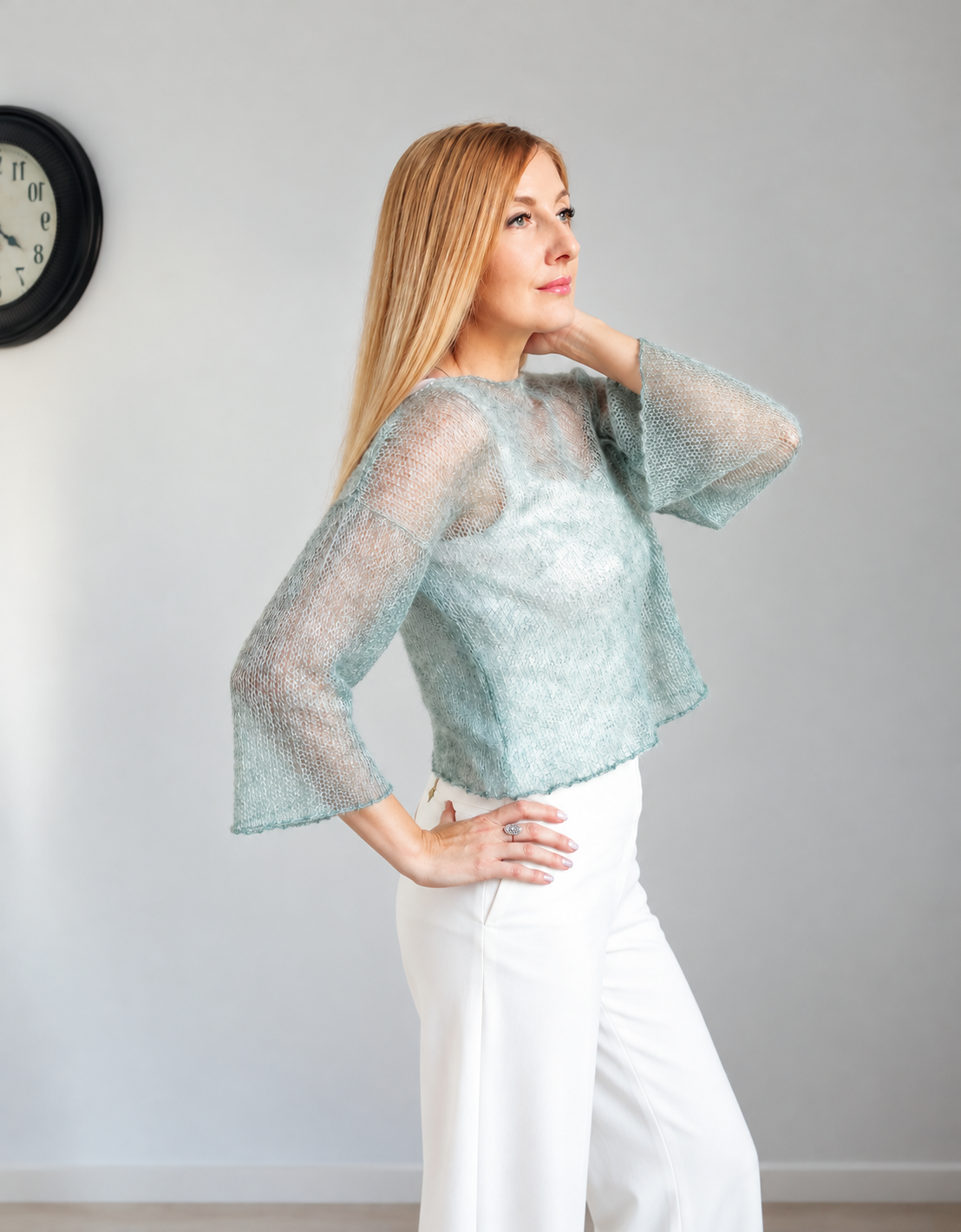 Short Mohair Silk Sweater with Bell Sleeves