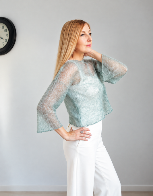 Short Mohair Silk Sweater with Bell Sleeves