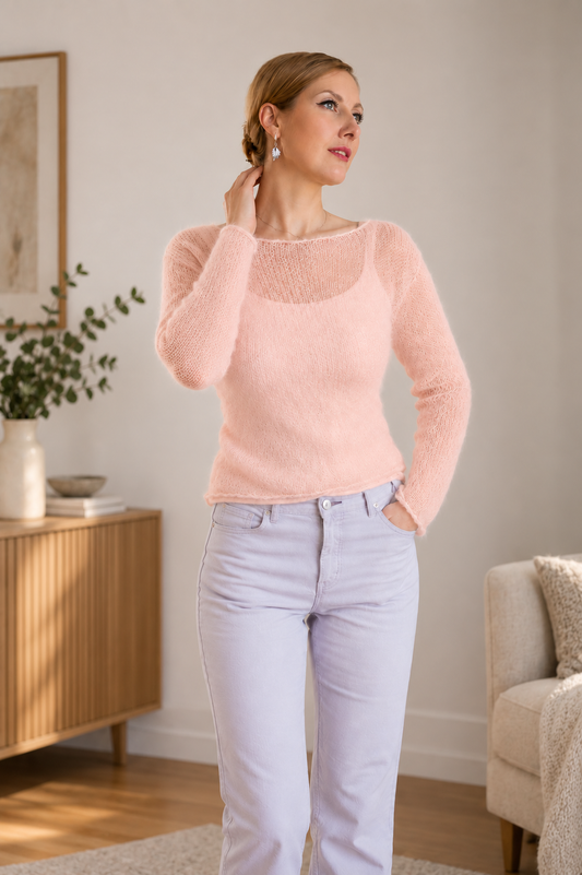 Light Peach Mohair Silk Sweater: Fitted Lightweight Knit Top
