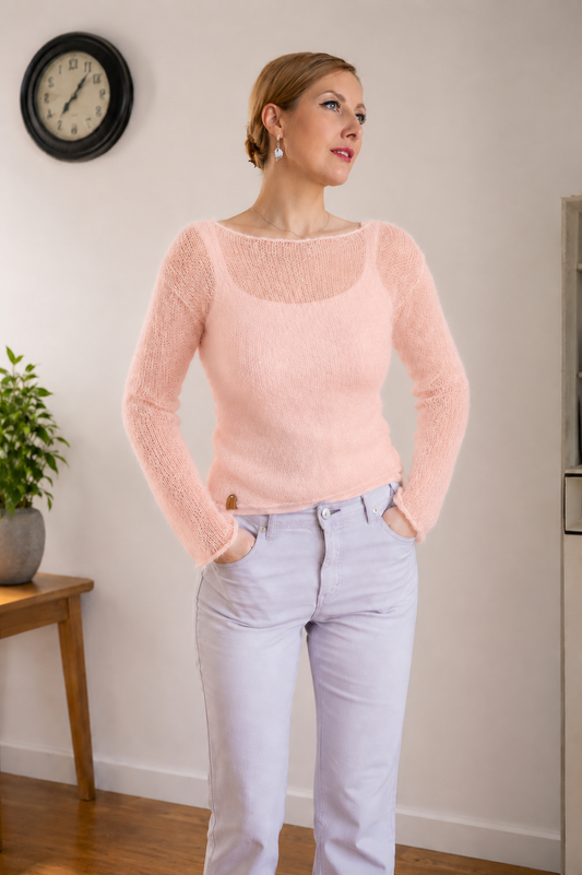 Light Peach Mohair Silk Sweater: Fitted Lightweight Knit Top