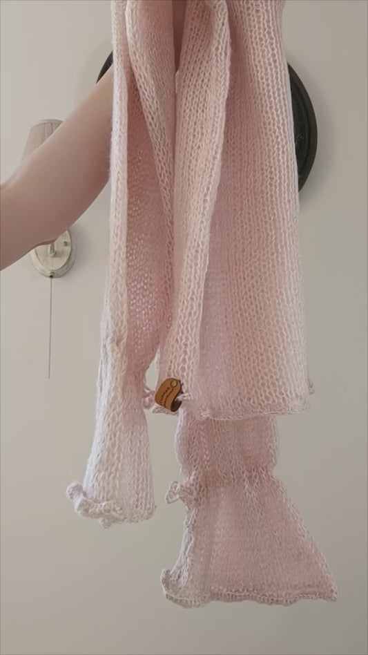 Pink Mohair Blend Sweater: Handmade Knit Pullover with Tie Sleeves M-L