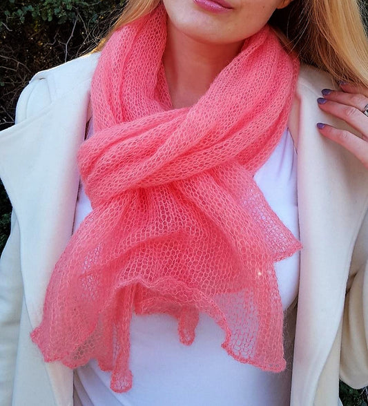 Salmon color scarf Lightweight mohair Knits handmade Orange Spring Summer accessories gift for her