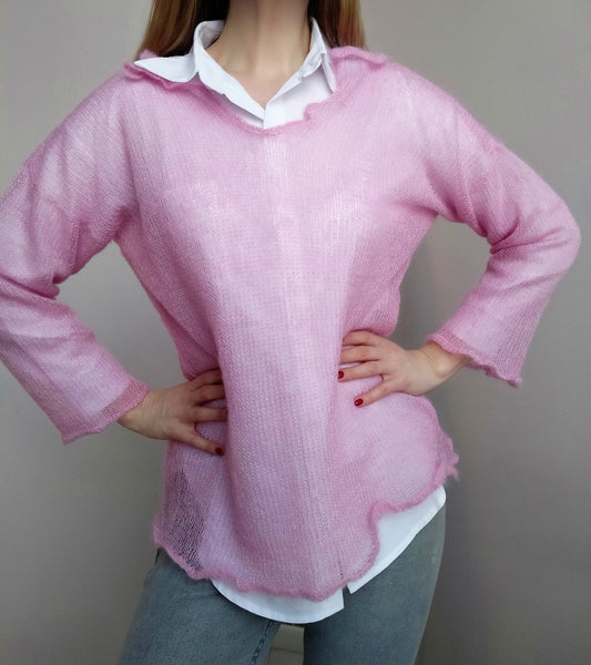 Pink Mohair Sweater Loose Knit Blouse Lightweight Lace Yarn Long Sleeve for Summer and Winter