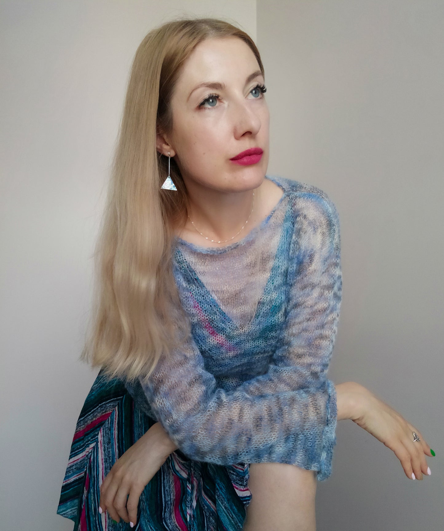 Lightweight Soft NON-ITCHY Summer Sweater Blue Gray White color mix Transparent