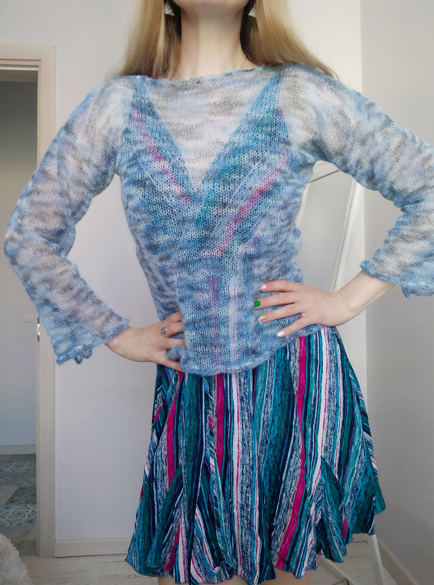 Lightweight Soft NON-ITCHY Summer Sweater Blue Gray White color mix Transparent