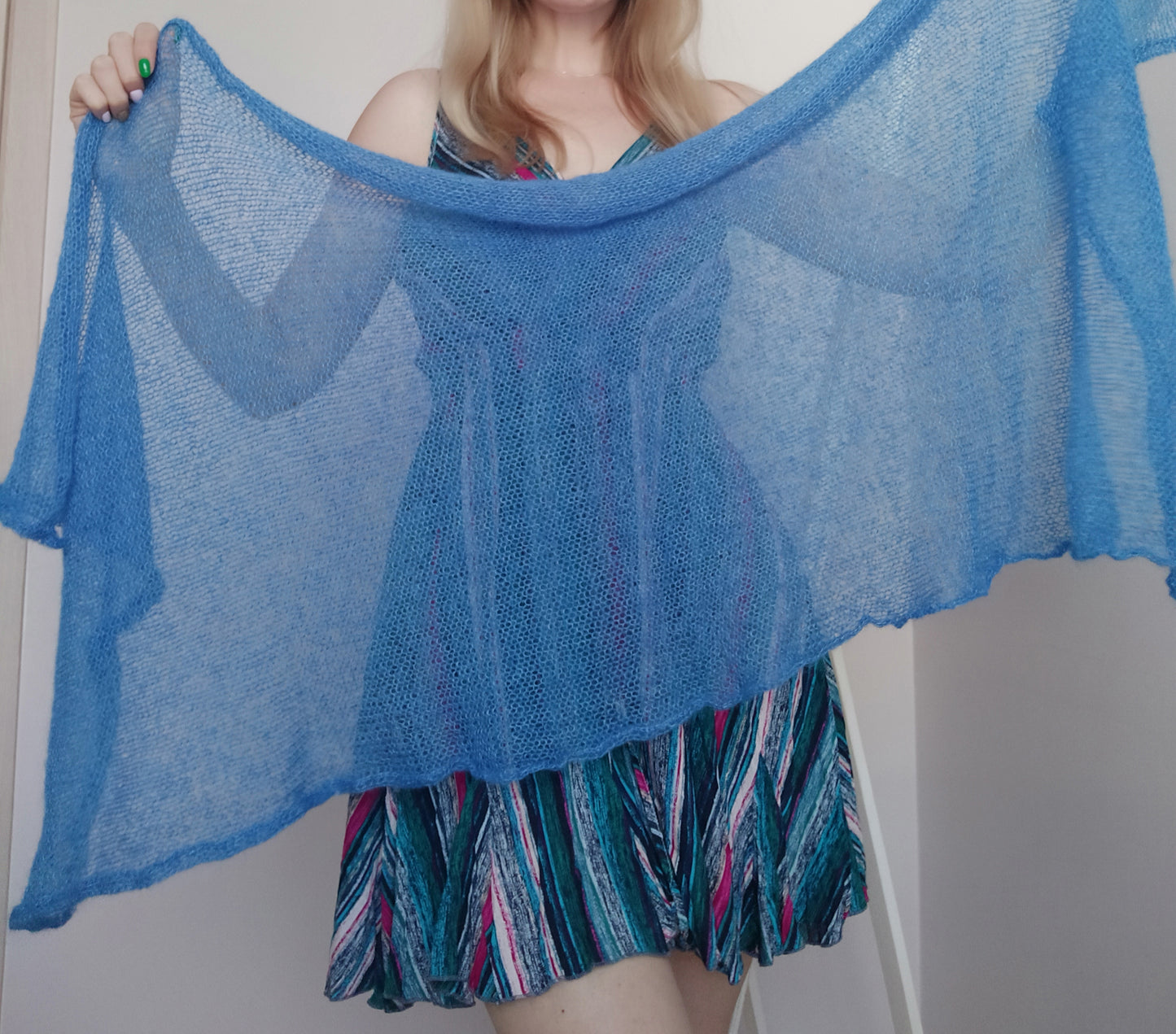 Blue Mohair Silk Shawl: Lightweight Elegant Knit Scarf