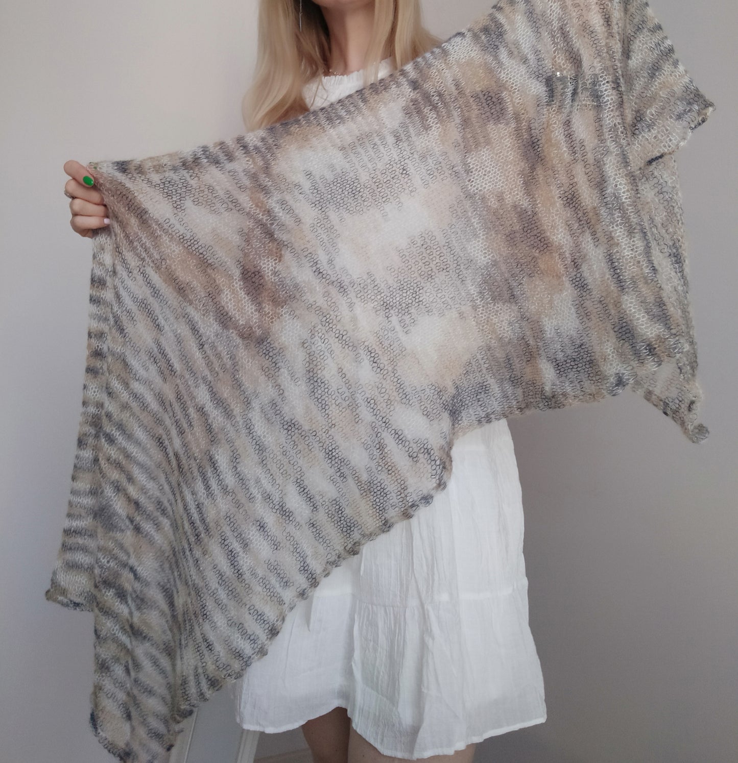 Sand & Grey Mohair NON-ITCHY Shawl-Wrap Transparent Light-weight