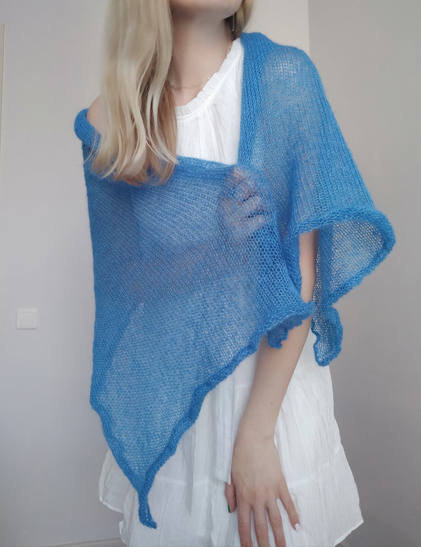 Blue Mohair Silk Shawl: Lightweight Elegant Knit Scarf