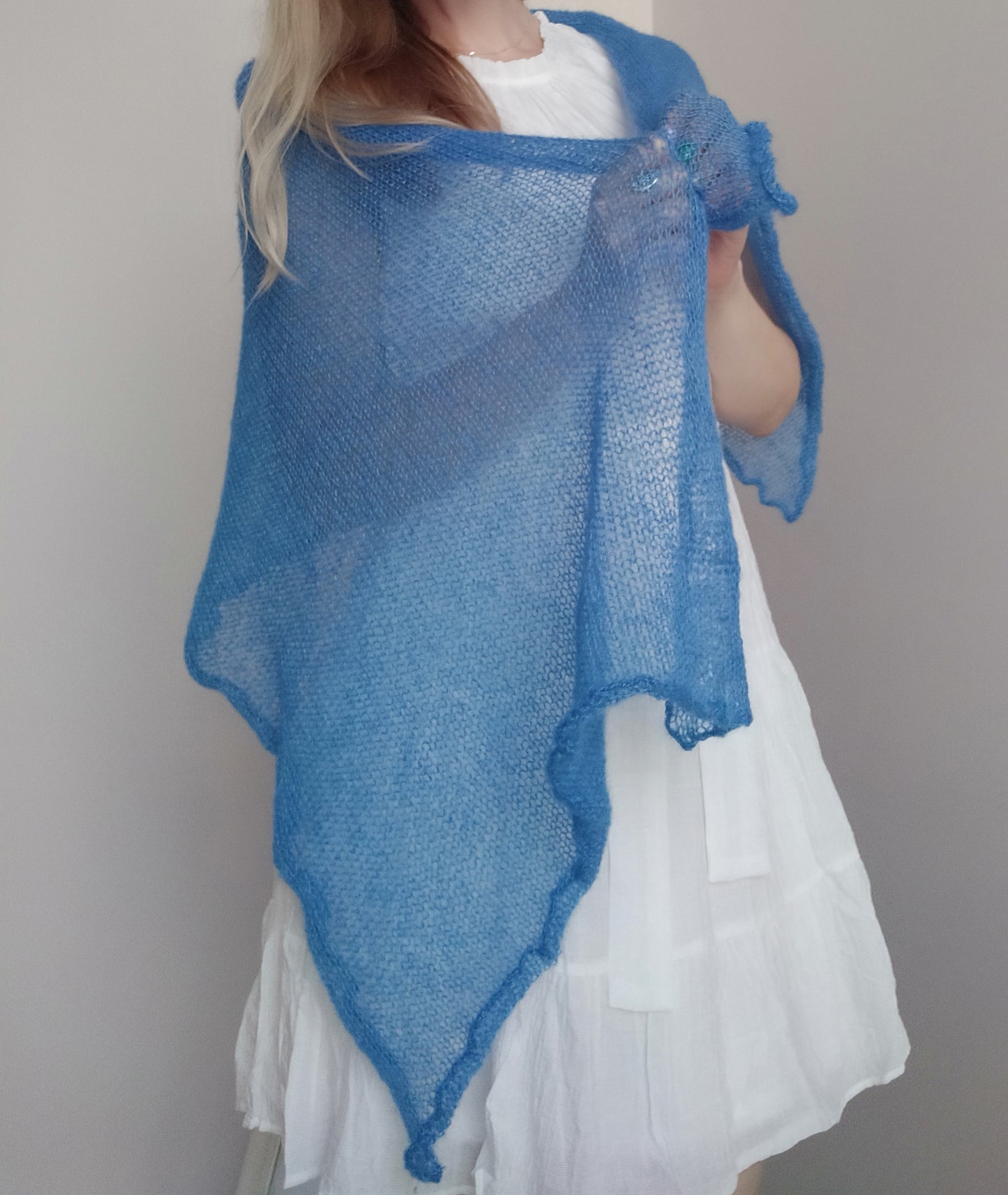 Blue Mohair Silk Shawl: Lightweight Elegant Knit Scarf