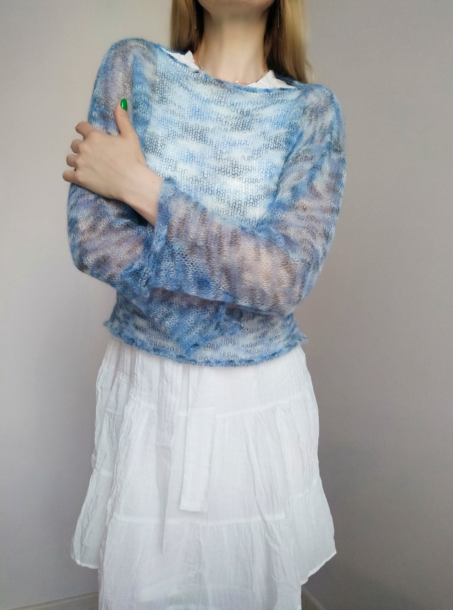 Lightweight Soft NON-ITCHY Summer Sweater Blue Gray White color mix Transparent