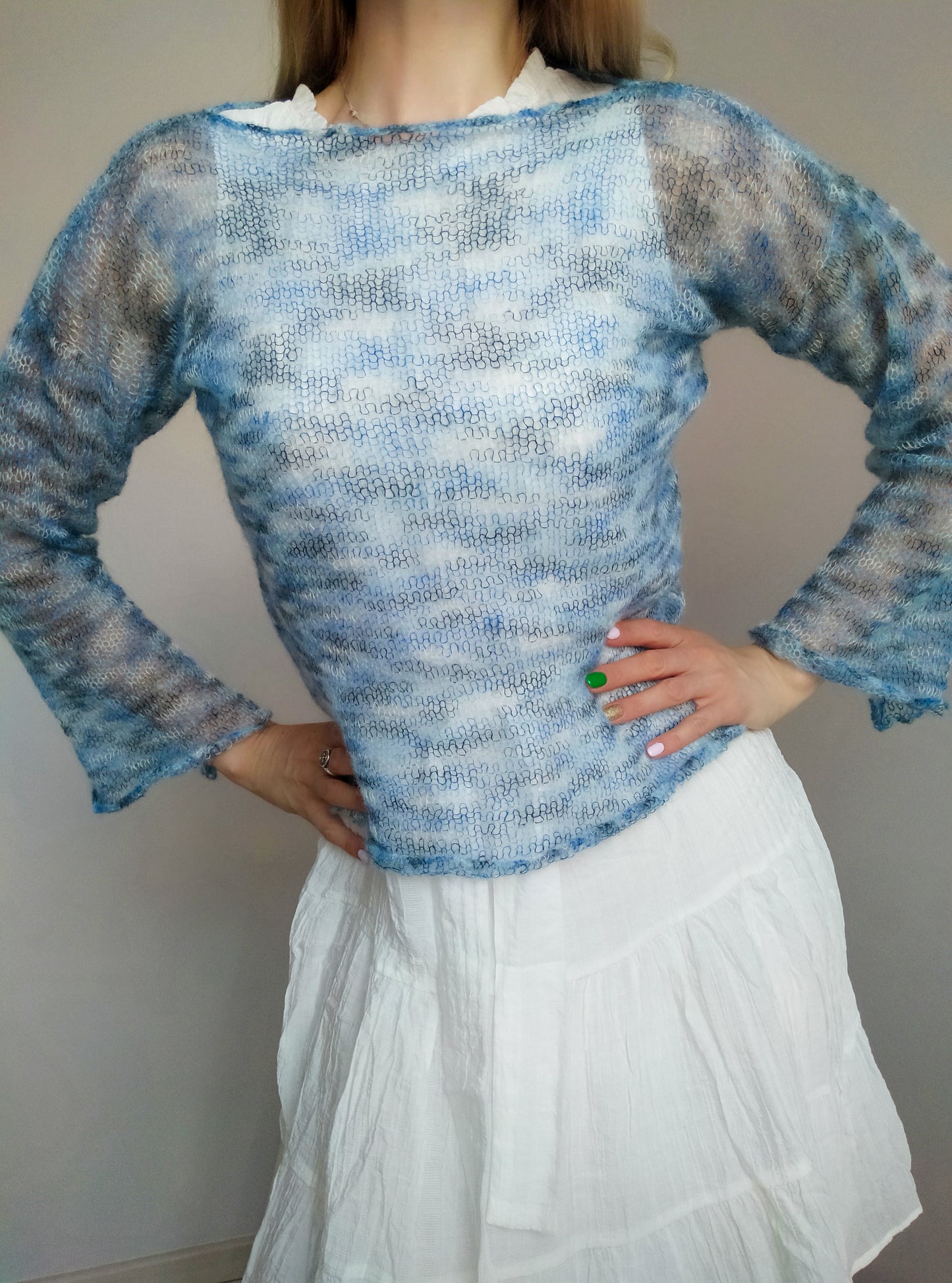 Lightweight Soft NON-ITCHY Summer Sweater Blue Gray White color mix Transparent