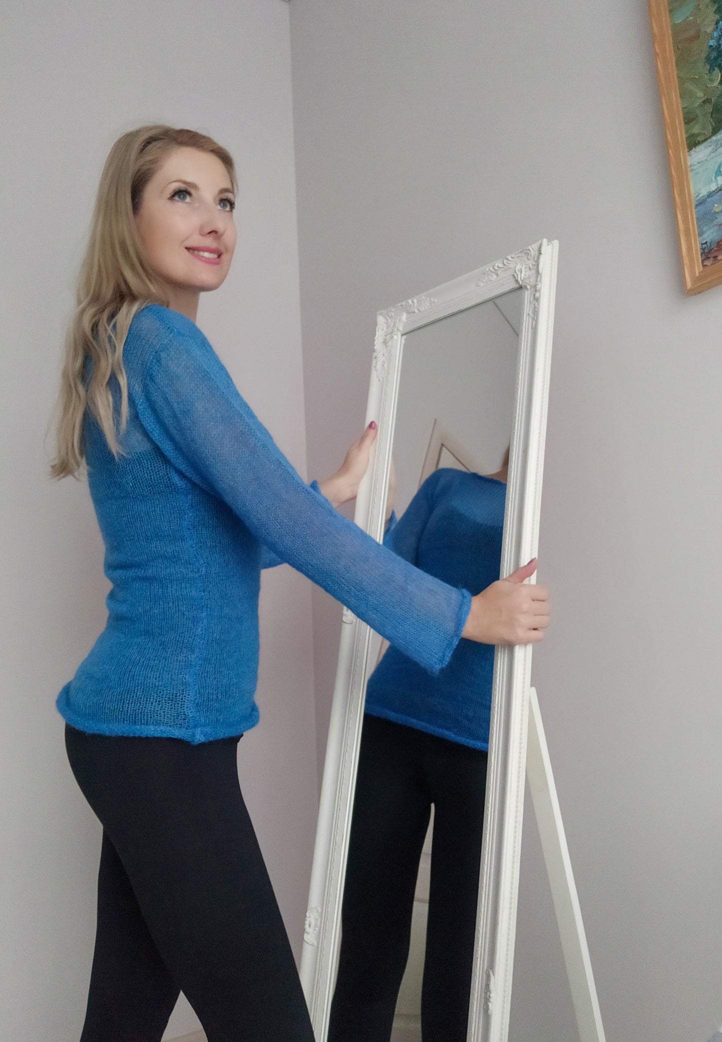 Blue Mohair&Silk Sweater M size Lightweight For All Seasons Soft Non-itchy Warm For all Occasions