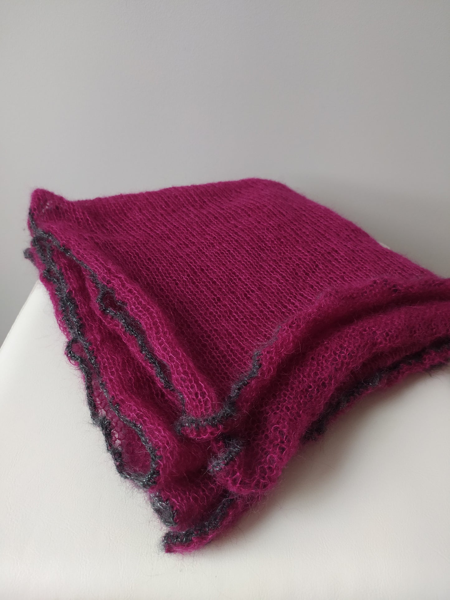 Burgundy mohair and silk scarf, decorative dark gray edge, Elegant scarf, Soft Shawl, Transparent Light-weight shawl