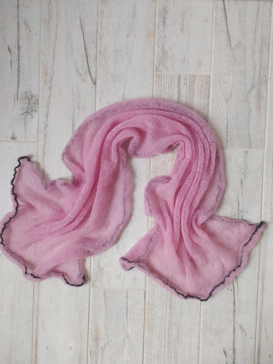 Soft Pink Mohair Silk Shawl with Gray Decorative Edge – Elegant Handmade Wrap