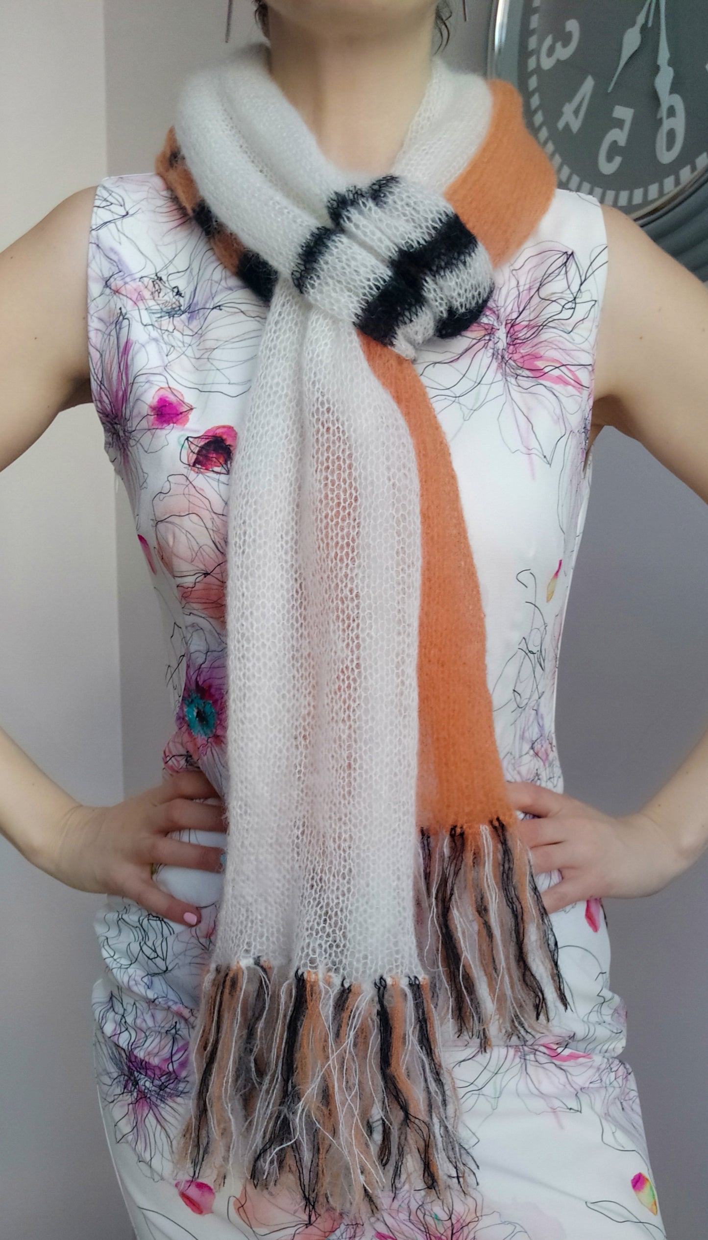 Stylish Colorful Warm Scarf Long Soft Fringe Orange White Black Mohair and Silk High Quality Yarn