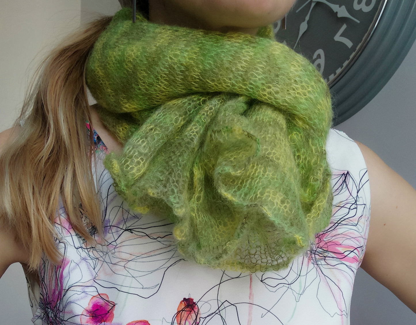 Lime Green Mohair Shawl: Lightweight Elegant Knit Scarf