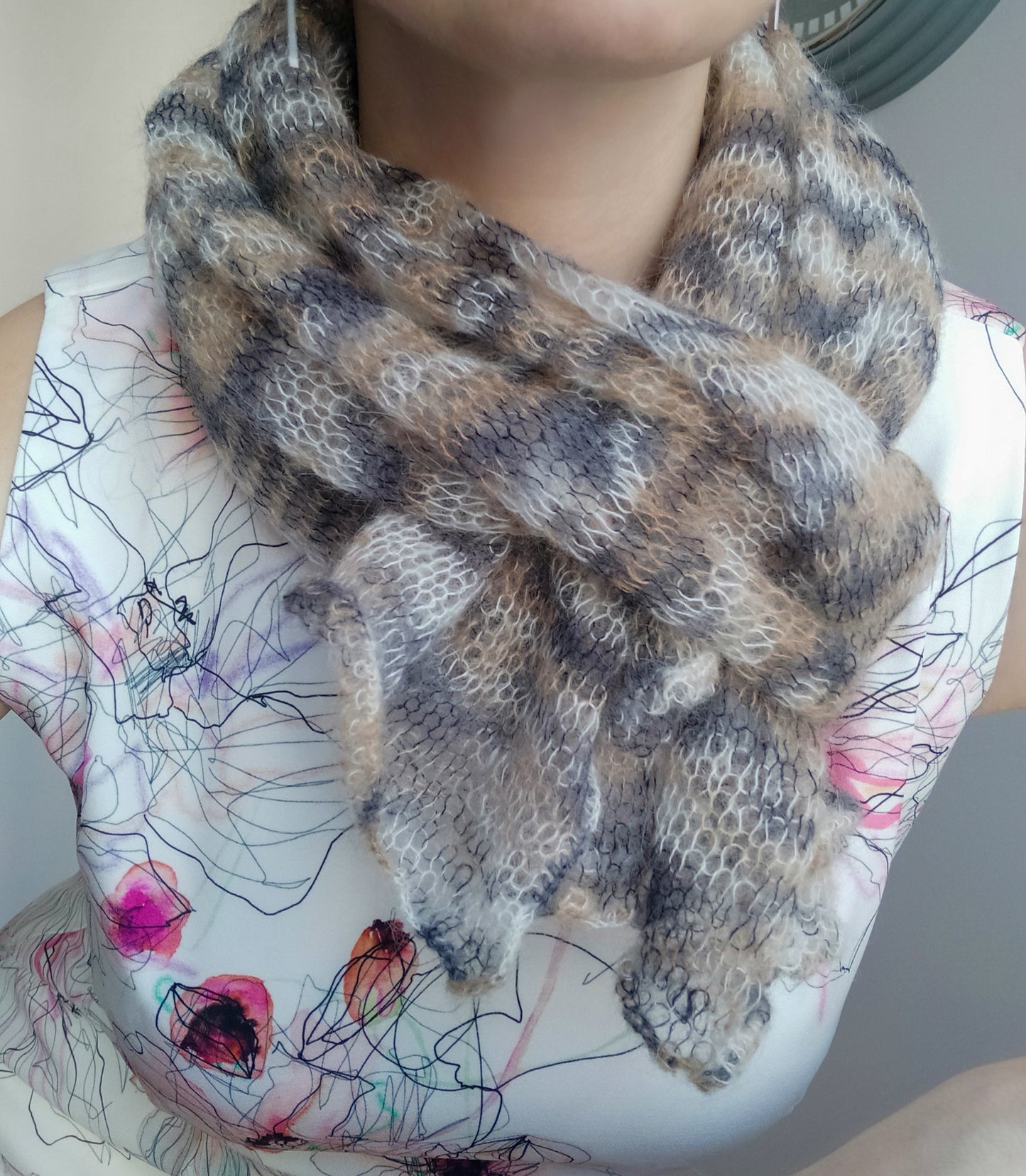 Sand & Grey Mohair NON-ITCHY Shawl-Wrap Transparent Light-weight