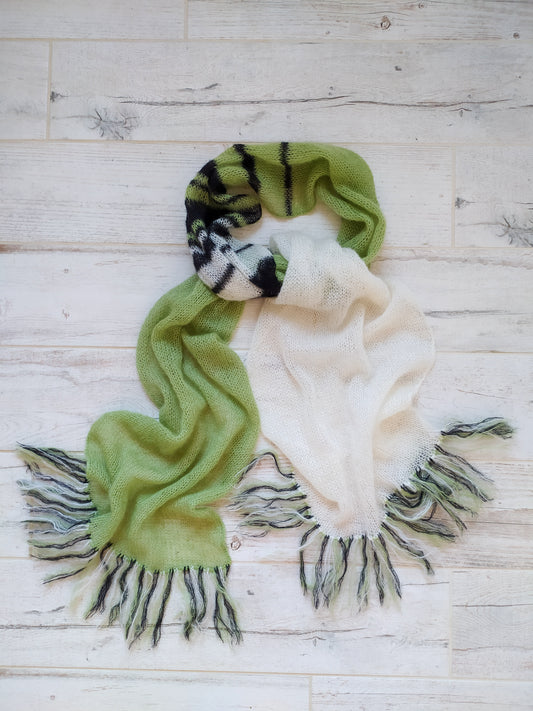 Handmade Mohair Silk Scarf: Green, White & Black Fringe