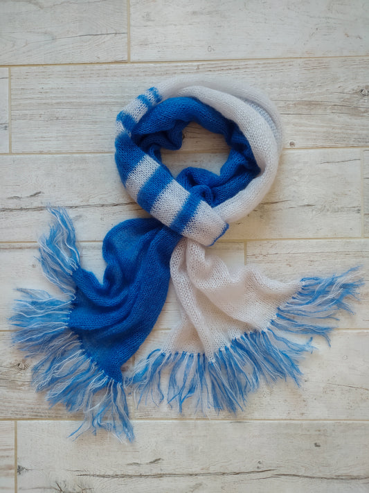 Handmade Blue and White Mohair Silk Scarf: Soft Fringe Neck Warmer