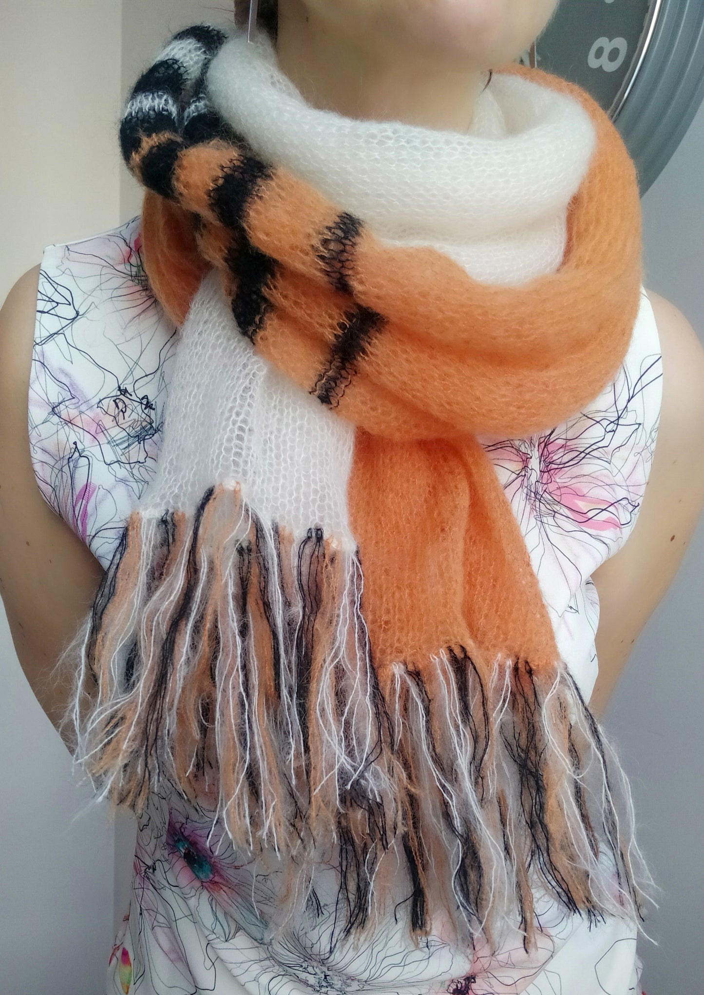 Stylish Colorful Warm Scarf Long Soft Fringe Orange White Black Mohair and Silk High Quality Yarn