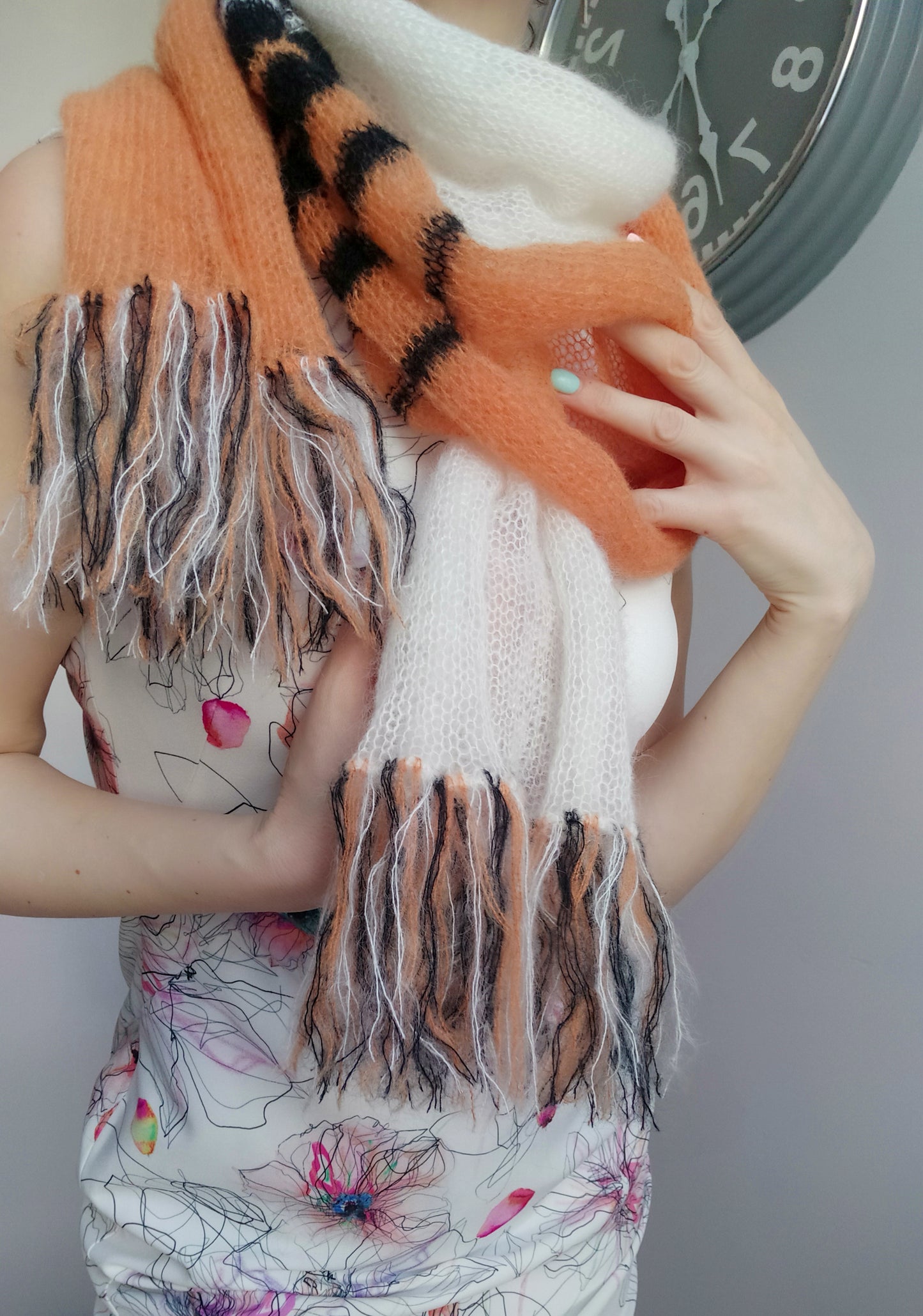 Stylish Colorful Warm Scarf Long Soft Fringe Orange White Black Mohair and Silk High Quality Yarn