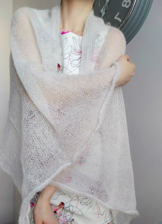Large Shawl Soft Wrap Chalk White Mohair and Silk High Quality Yarn