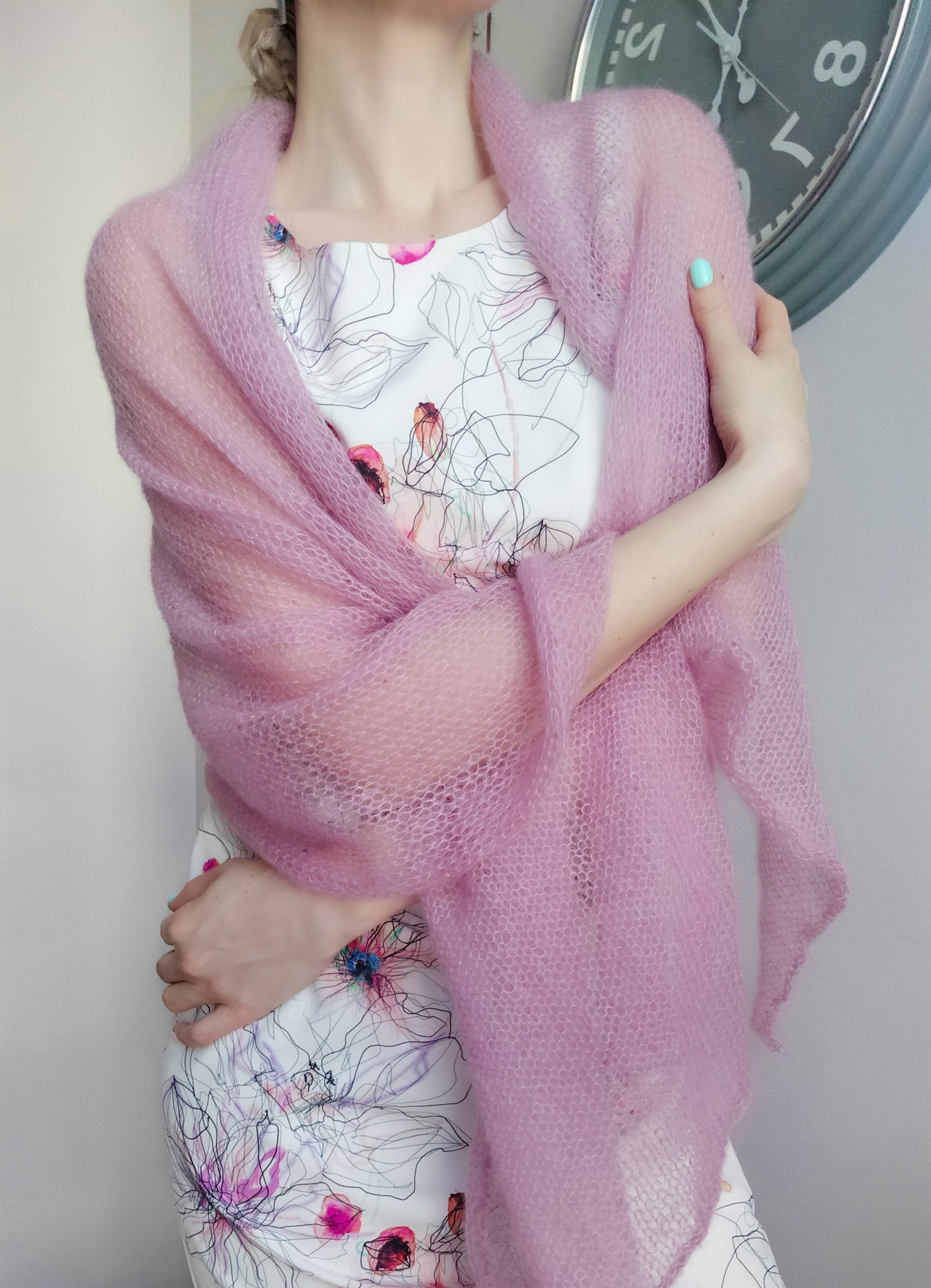 Large Shawl Soft Wrap Dusty Rose Mohair Warm Scarf