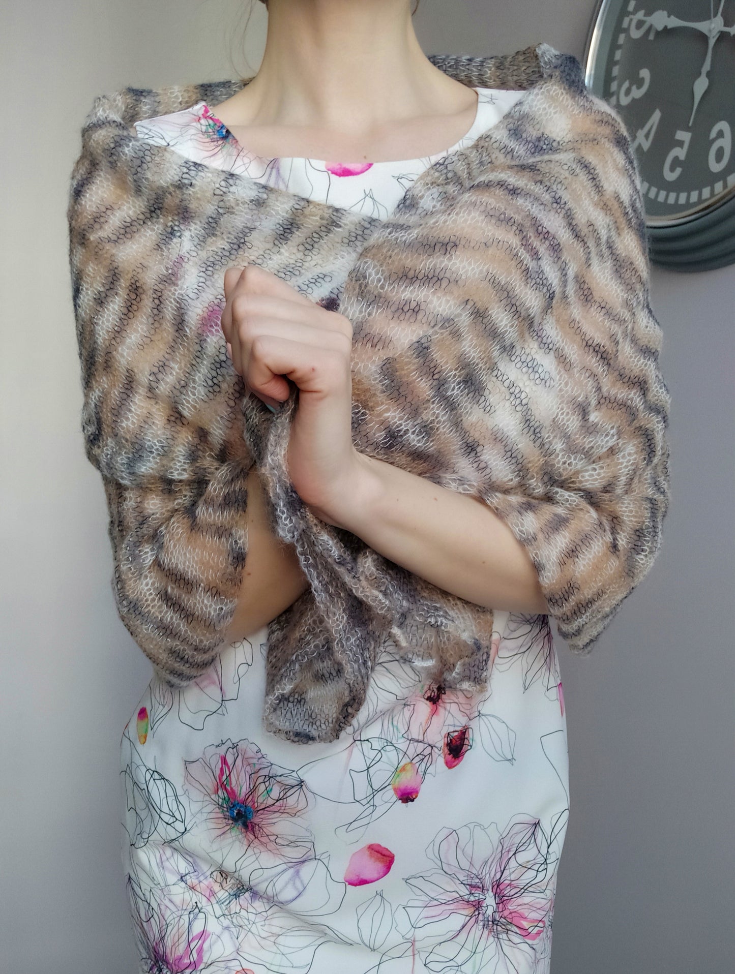 Sand & Grey Mohair NON-ITCHY Shawl-Wrap Transparent Light-weight