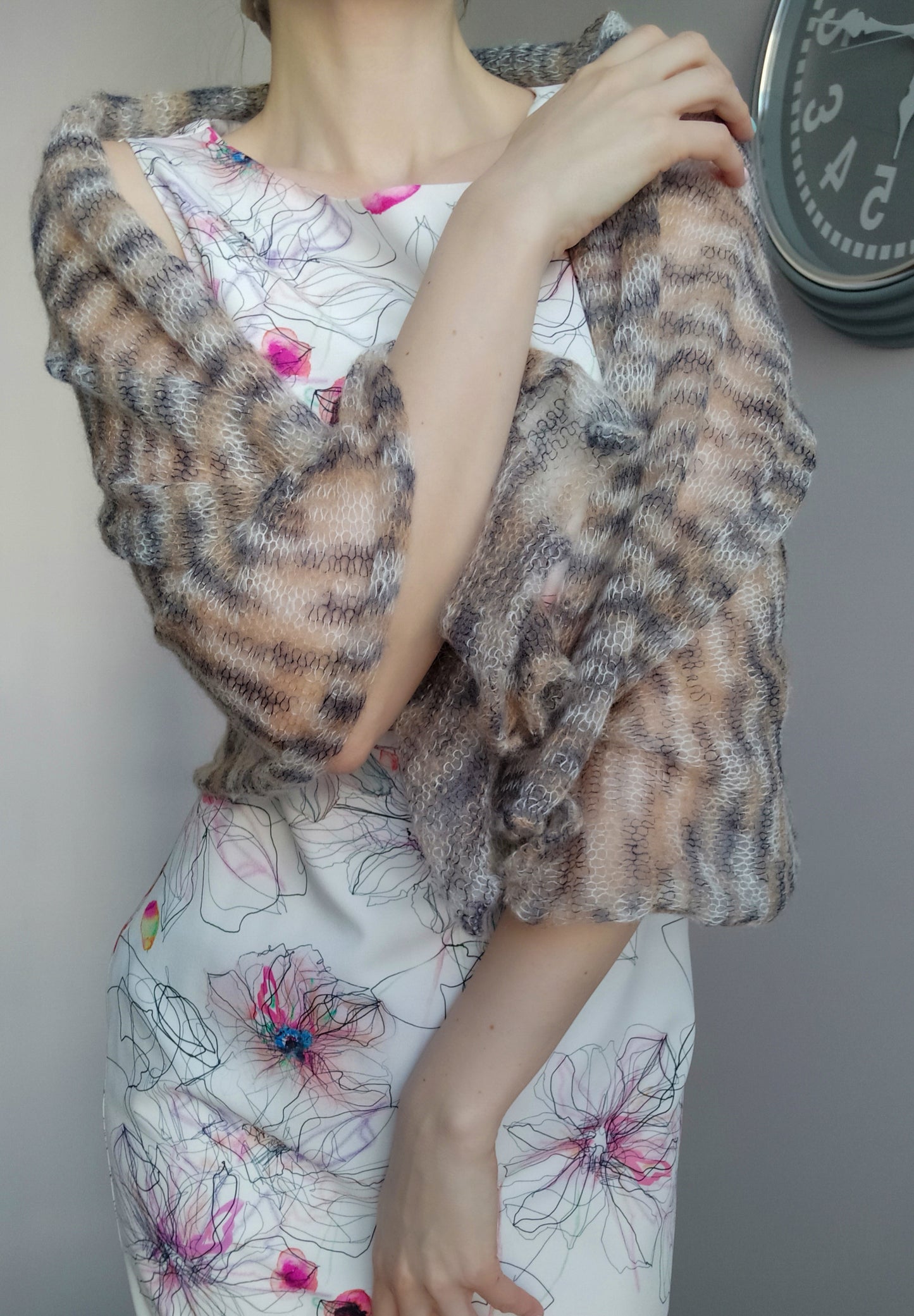 Sand & Grey Mohair NON-ITCHY Shawl-Wrap Transparent Light-weight