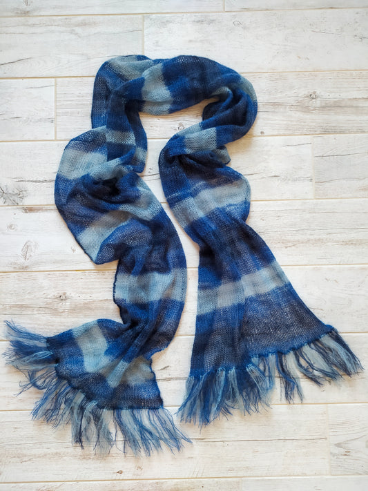Handmade Blue Striped Mohair Scarf: Long Fringe, Soft Silk Blend